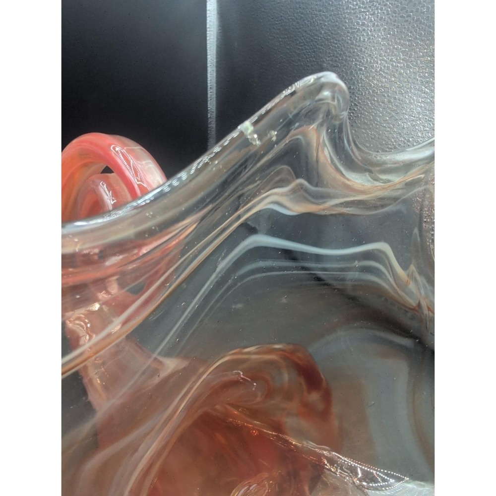 Vtg. large Sooner Art Hand Blown Glass Lotus Cornucopia Orange Vase - Picture 5 of 10